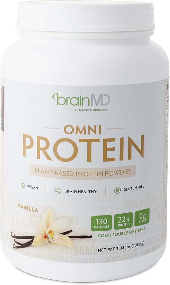BRAINMD Dr Amen Omni Protein Vanilla - 2.38 رطل - مسحوق البروتين النباتي - يعزز الطاقة والتمارين - نباتي ، نباتي ، خال من السكر ، خال من الغلوتين - 30 حصة