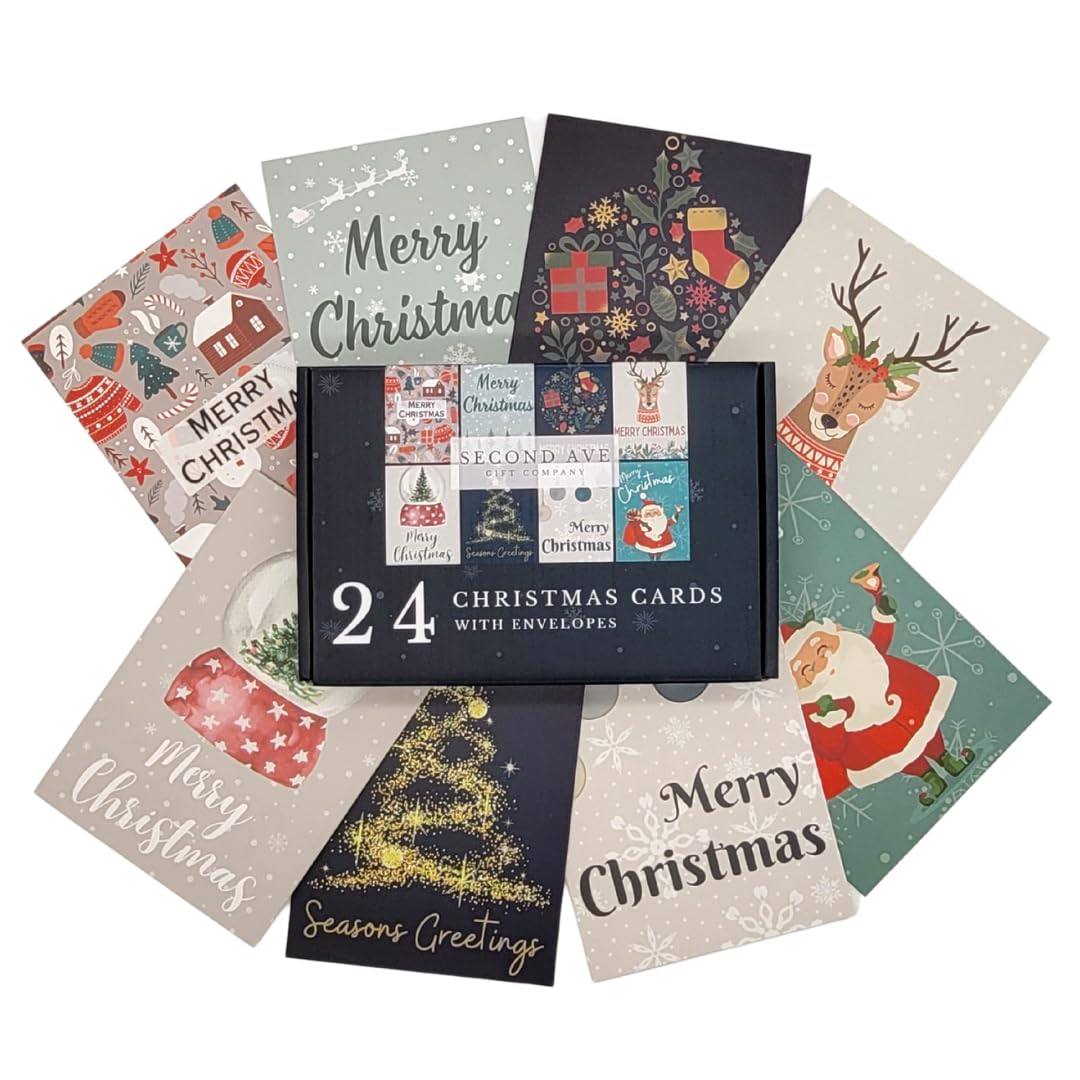 Second Ave 24 Pack Christmas Xmas Festive Cards For Adults Multipack With Envelopes, 170mm x 118mm