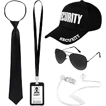 JcHrmers 5 Pcs Security Costume Secret Security Service Agent Accessories Kit with Adjustable Hat Ties Sunglasses Earpiece and ID Card for Women Men Halloween Cosplay Party Dress up