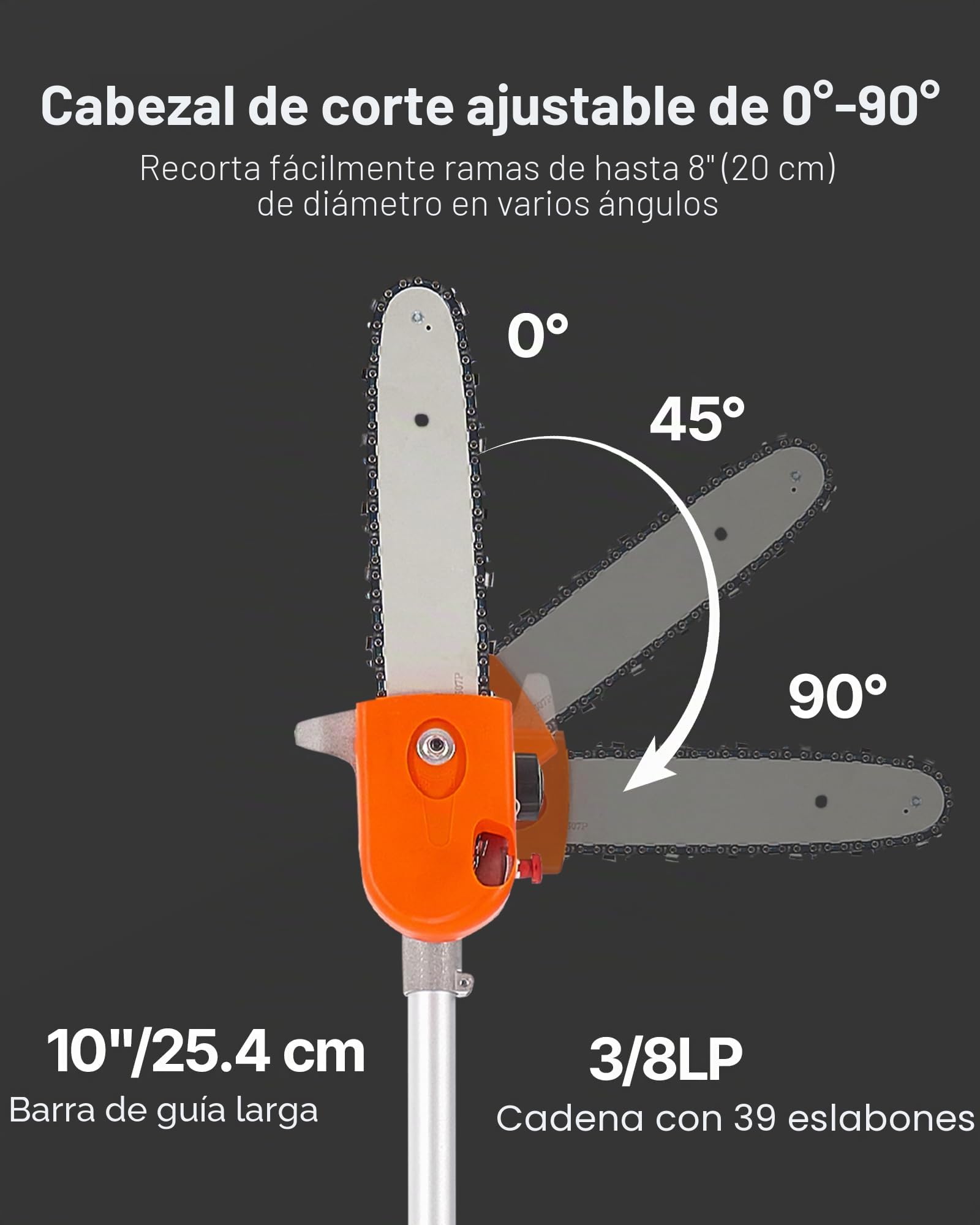 VEVOR Motosierra de Pértiga a Gasolina, Motosierra Inalámbrica de 43 cc y 2 Tiempos con Barra de Corte de 25,4 cm, Cabezal Giratorio, y Extensible de 2,11 a 3,61 m para Podar Árboles, Naranja