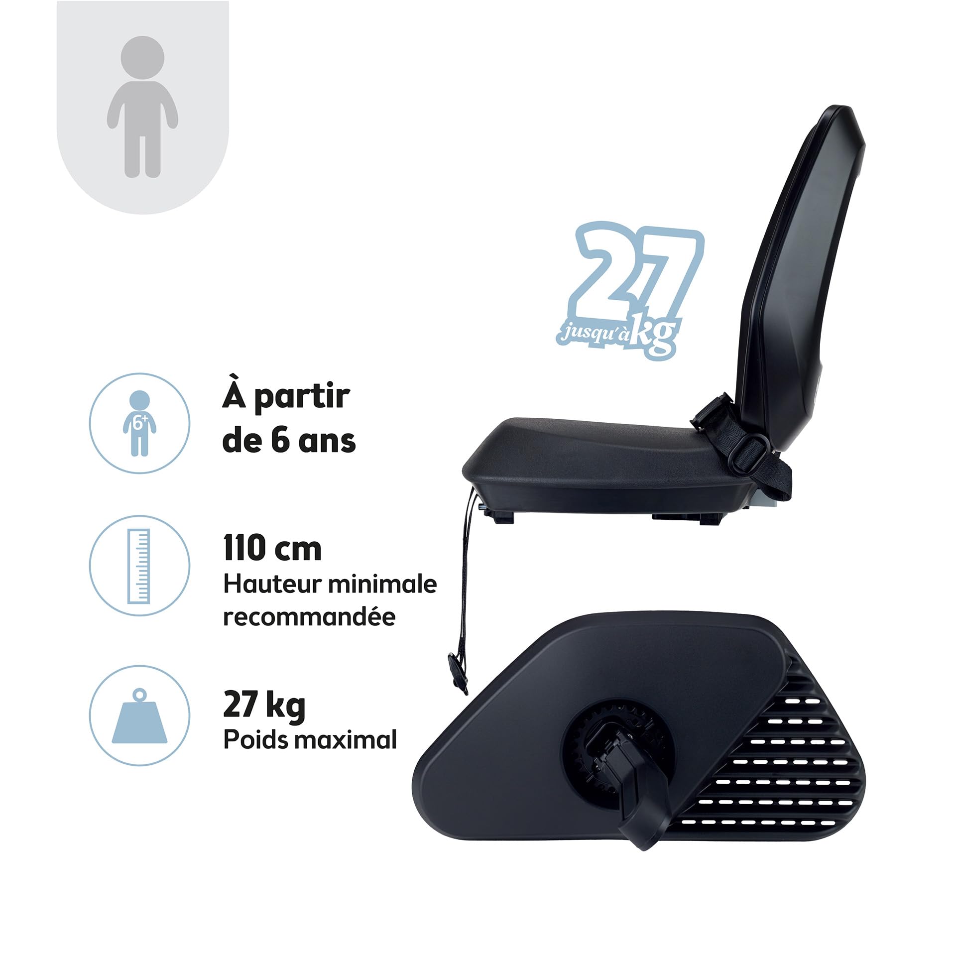 BOBIKE 8011900001 - Siège Vélo Arrière pour Porta-Bagages MIK-HD One Junior, pour Enfants de 6 Ans et Plus Jusqu’à 27 kg, Sécurité Renforcée, Repose-Pieds Réglables et Design Compact, Noir