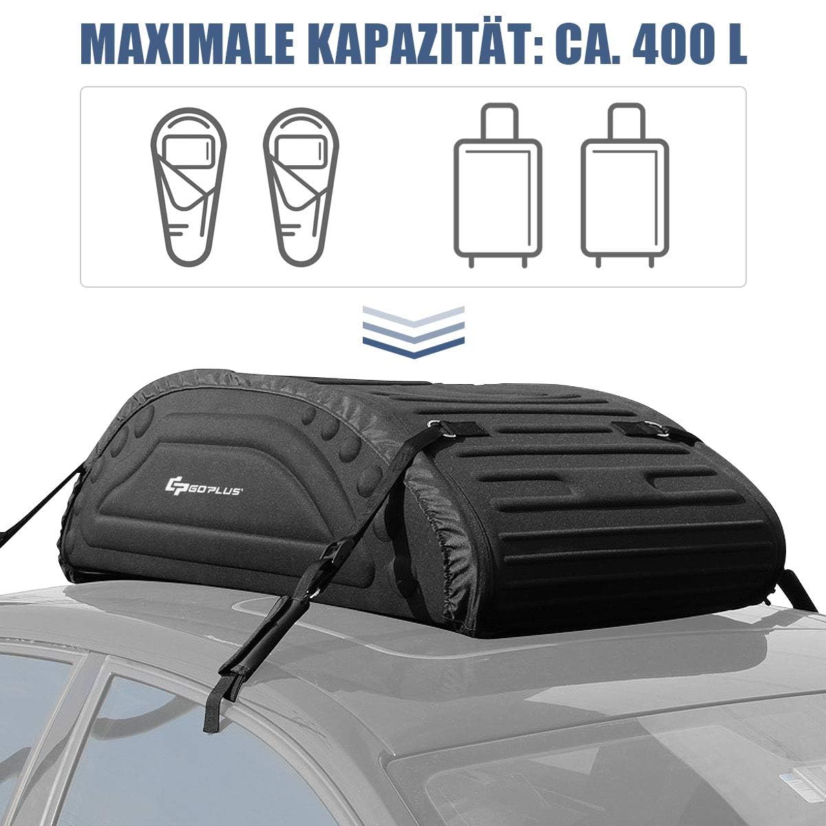 GOPLUS Auto Dachtasche, Dach Gepäckträger, Faltbare Dachbox Softbox, Wetterbeständiger Dachkoffer aus Wasserdichtem Stoff, Aufbewahrungsbox Reisetasche für Reisen und Transport, Schwarz
