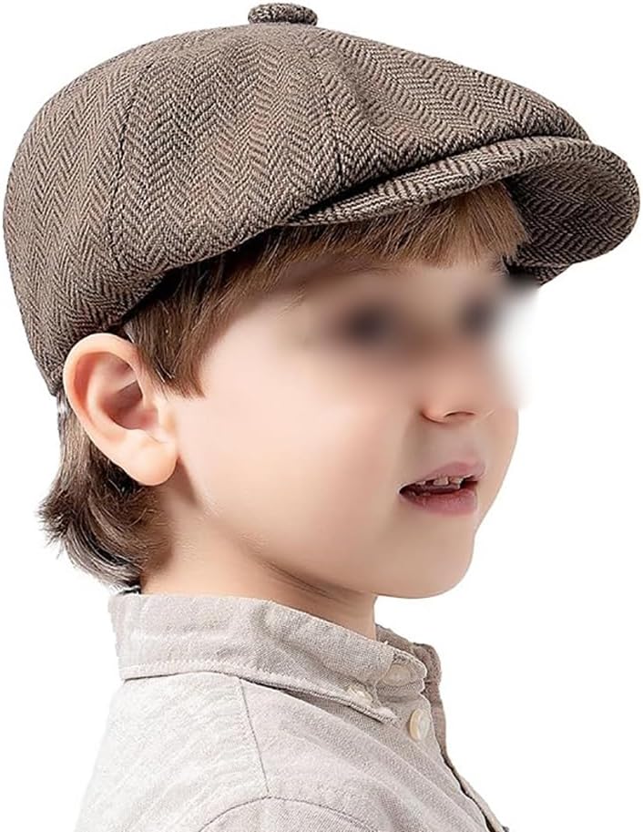 Boys Vintage Newsboy Cap Herringbone Tweed Newsboy Hat Retro Flat Beret Hat 8 Panel Warm Cap Wool Blend Hats Navy Blue