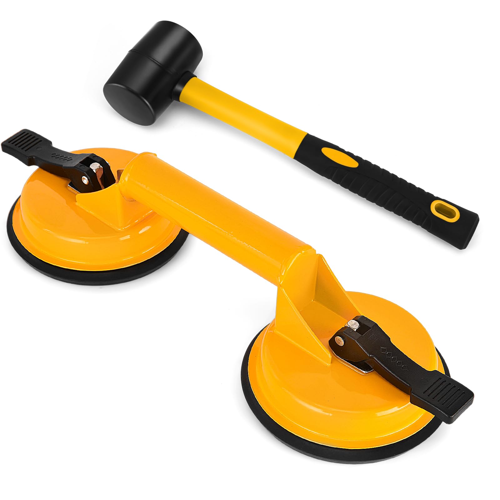LIYYOOFloor Gap Fixer, Tile Suction Cup Tool,Heavy Duty Suction Cups,Double Suction Cup Wiht Mallet For Lift Large Glass/Tile Lifter/Moving Glass/Pad for Lifting/Dent Puller (1+1 Pack) (Yellow)
