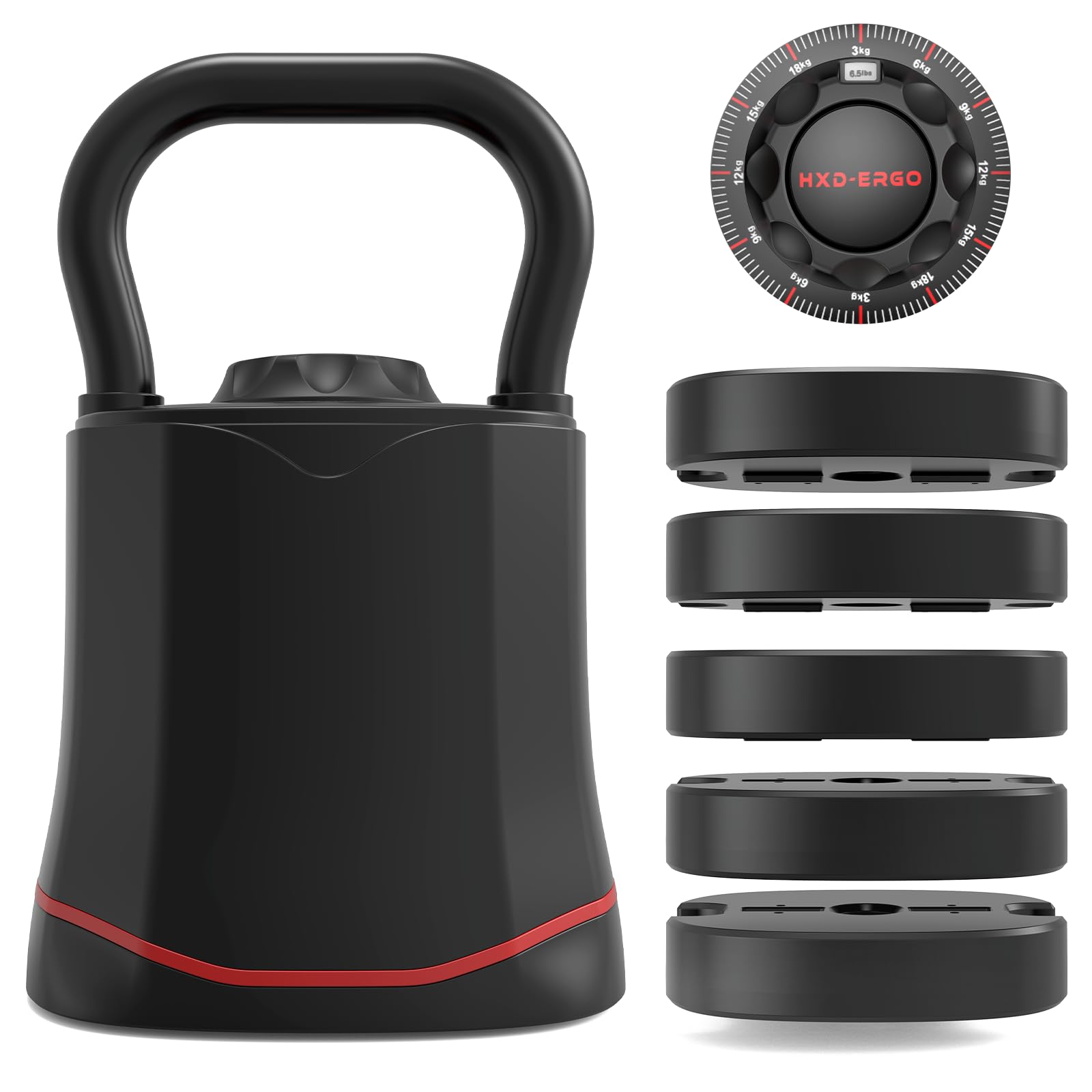 HXD-ERGO Kettlebell regolabile 6 in 1 (3 – 18 kg), peso a cambio rapido, impugnatura larga, bilanciere compatto per la casa e la palestra