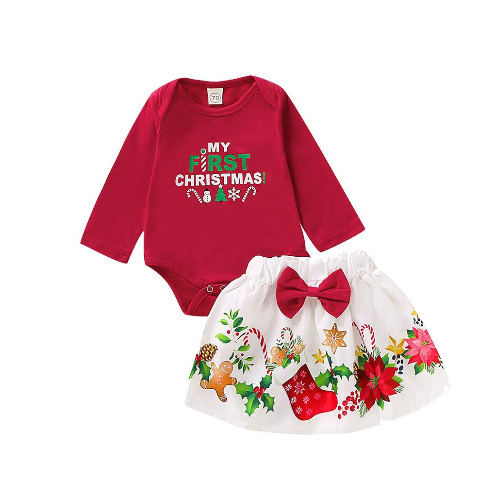 Scenxion Newborn Baby Girls Christmas Outfit Fashion Letter Print Romper+Bow Skirt+Headbands Set Clothes Romper Bodysuit+Cartoon Skirts Outfits Santa Claus Costume Xmas Outfit Fancy Dress Tunic Skirt