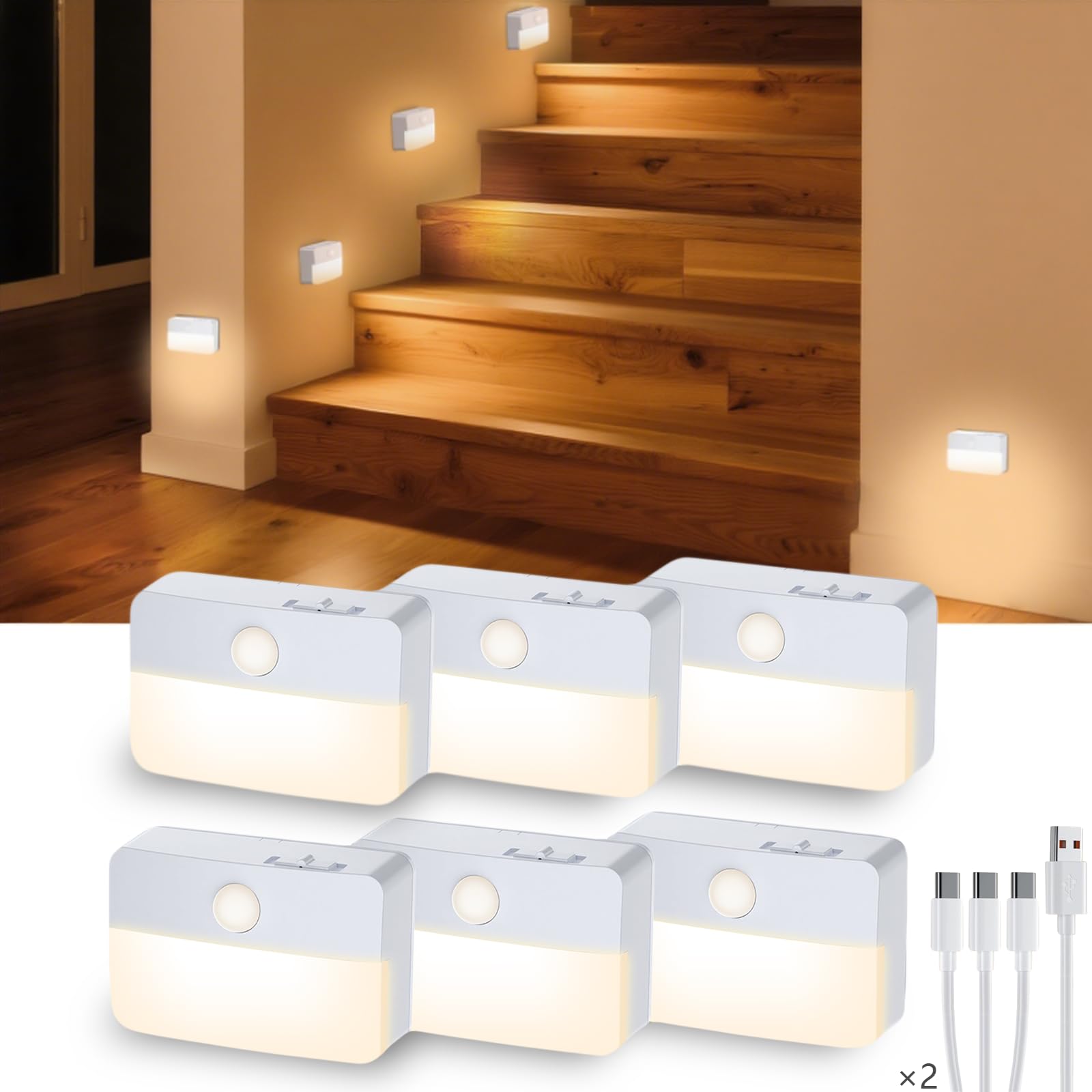 Coolilumi Motion Sensor Night Light Indoor Rechargeable LED Stair Lights Warm White Stick-On Closet Lights Battery Operated Hallway