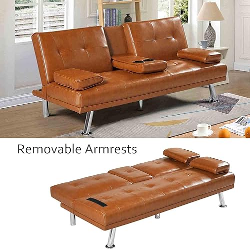Miniatura 4 de Sofá cama futón moderno de 66 pulgadas con 2 portavasos, sofá biplaza tapizado ajustable convertible con reposabrazos extraíblespatas de metal,