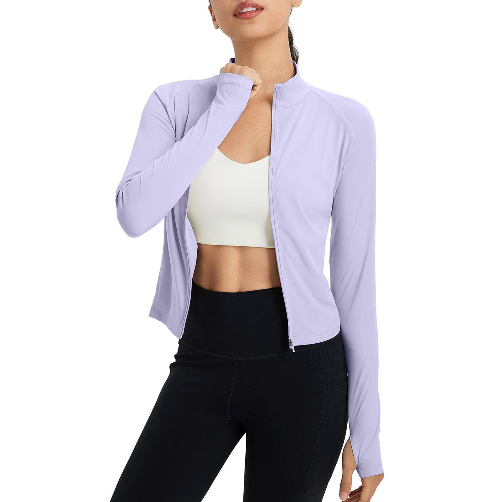 Women's UPF 50+ Sun Protection Tops UV Outdoor Running Crop Jacket Long Sleeve Full Zip Lightweight Rash Guard(Purple,Small)