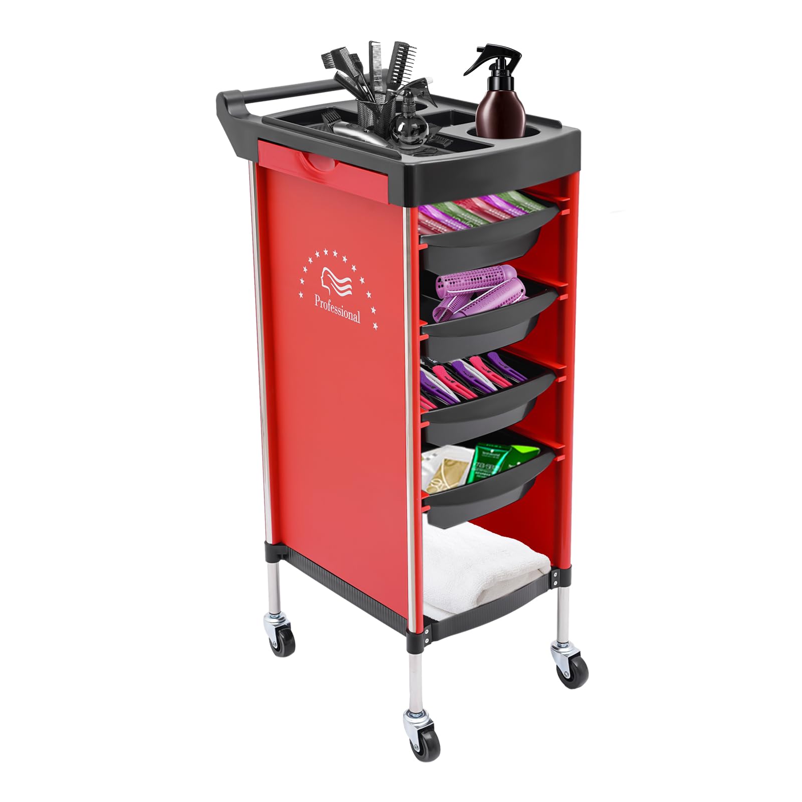 Carro de peluquería con 4 cajones, carrito de operación con ruedas, carrito de peluquería, accesorios de peluquería, carrito de trabajo profesional para salón de belleza, 36 x 37 x 85 cm (rojo)