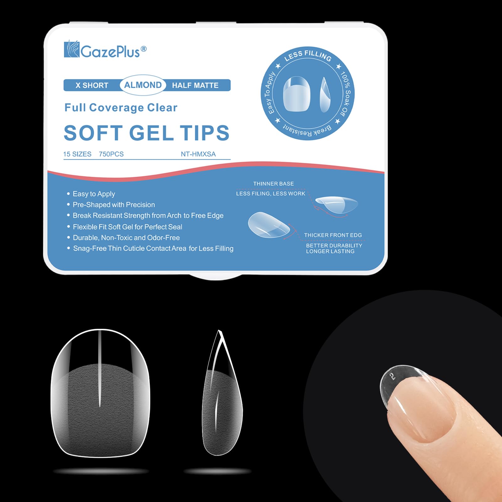GazePlus X Short Almond Fake Nail Tips, 750 pcs Half Matte Pre-shaped False Nail Tips Set with 15 Sizes Full Cover Clear Soft Gel Nail Tips for Nail