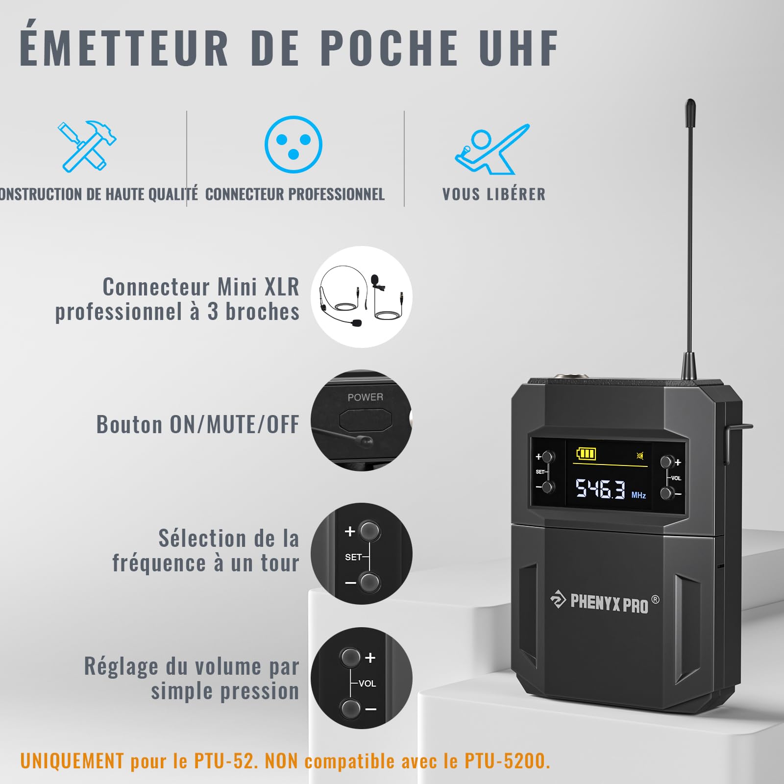 Phenyx Pro Système de Microphones sans Fil UHF Dual PTU-52-1H1B