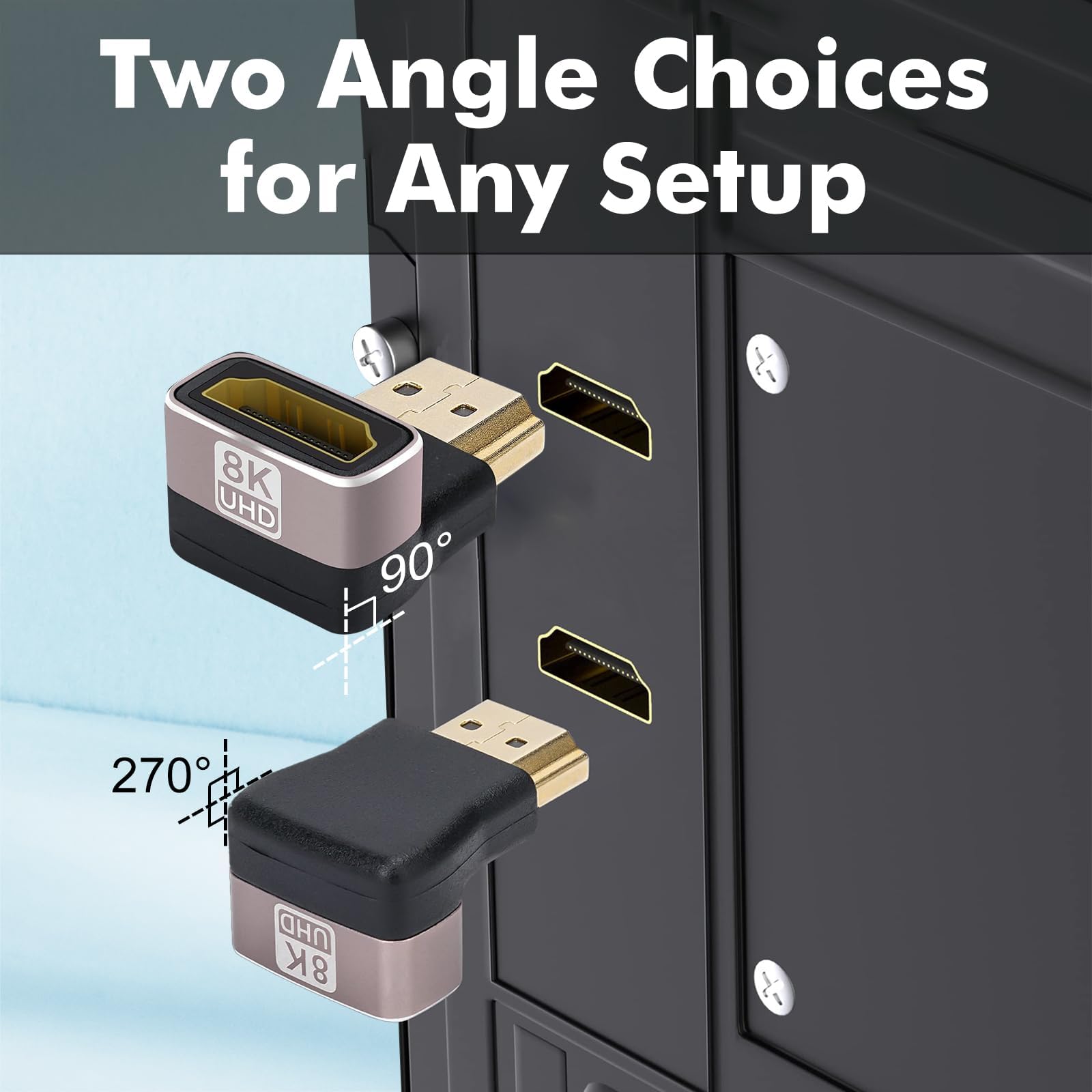 Cyberguys! Confezione da 2 adattatori HDMI 2.1 ad angolo retto 8K, 90° e 270°, prolunga HDMI da maschio a femmina, 4K a 120Hz 8K a 60Hz, placcato oro 24K, connettore a gomito HDMI salvaspazio per TV