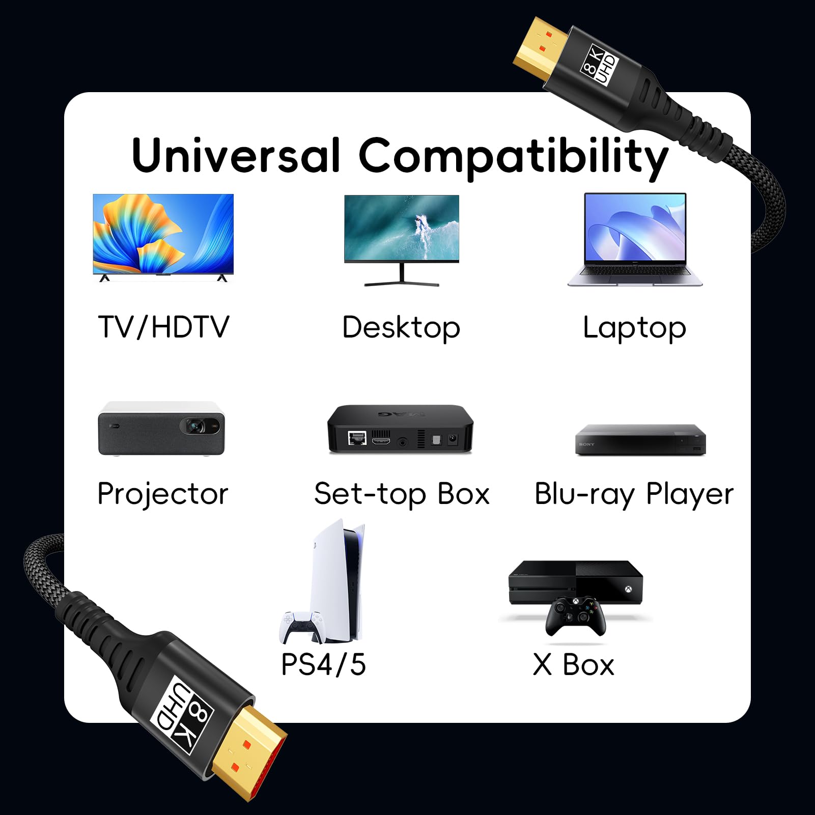 10K 8K HDMI 2.1 Cable 3M,HDMI Kabel 3Meter Ultra High Speed 8K@60Hz 4K@120Hz 7680P,Support HDR10 3D eARC HDCP2.2&2.3,Compatible with PS5/4 X-Box HDTV Blu-ray Player/Projector/Monitor/PC — view 8