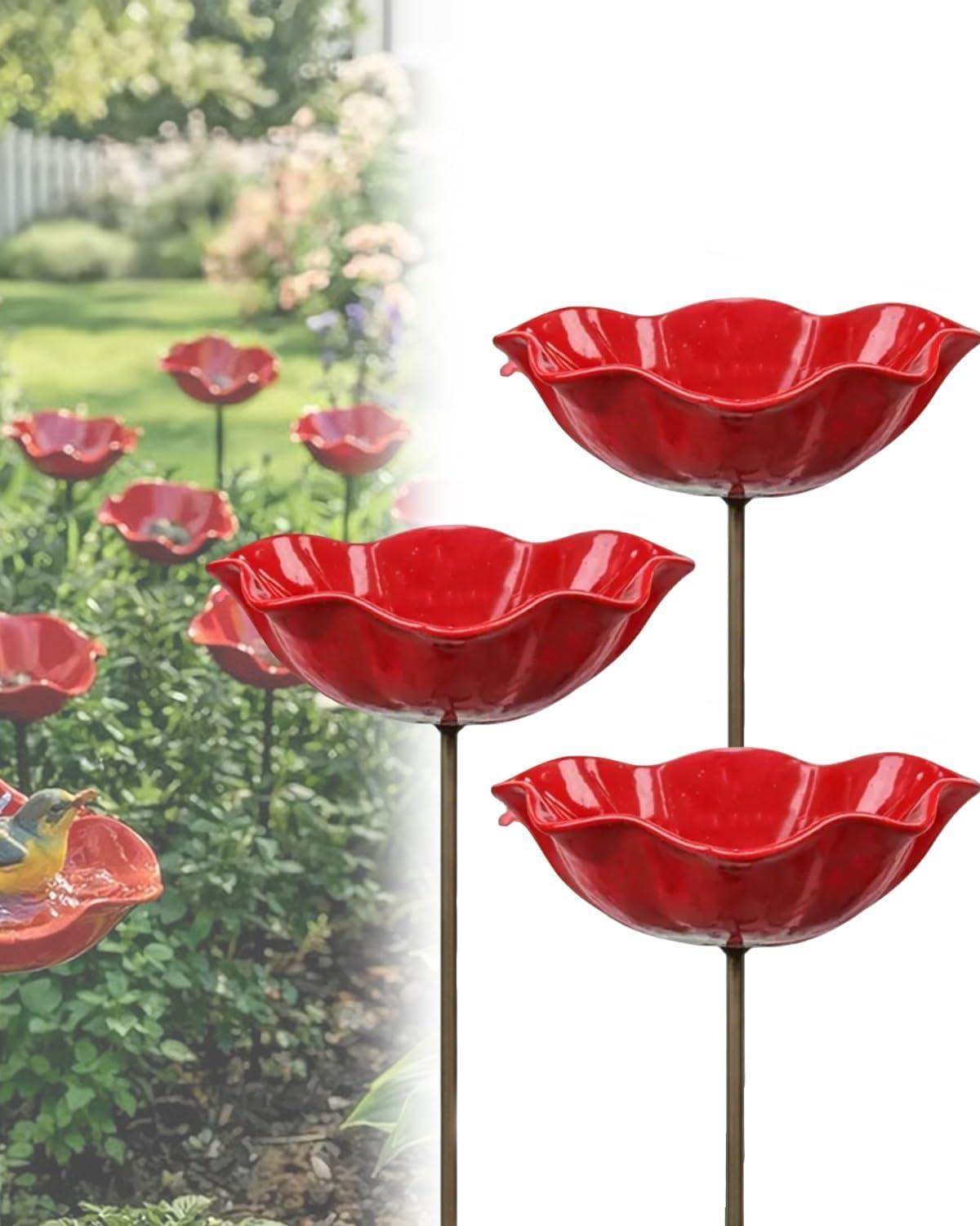 Handmade Metal Flower Garden Stakes Bird Bath Dual Function Pollinator Water Station Outdoor Yard Art Decor Tall Standing Vintage Hummingbird Drinking Bowl Feeder Ornament(Purple-2pcs)