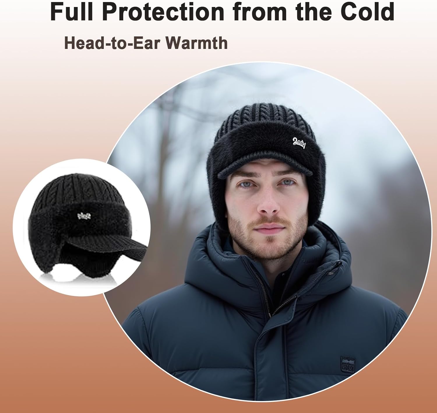 Cozy Head Beanie with Brim for Men & Women, Winter Hat with Ear Flaps, Coldshield Trapper, Golf Warm Lined Knit Cap