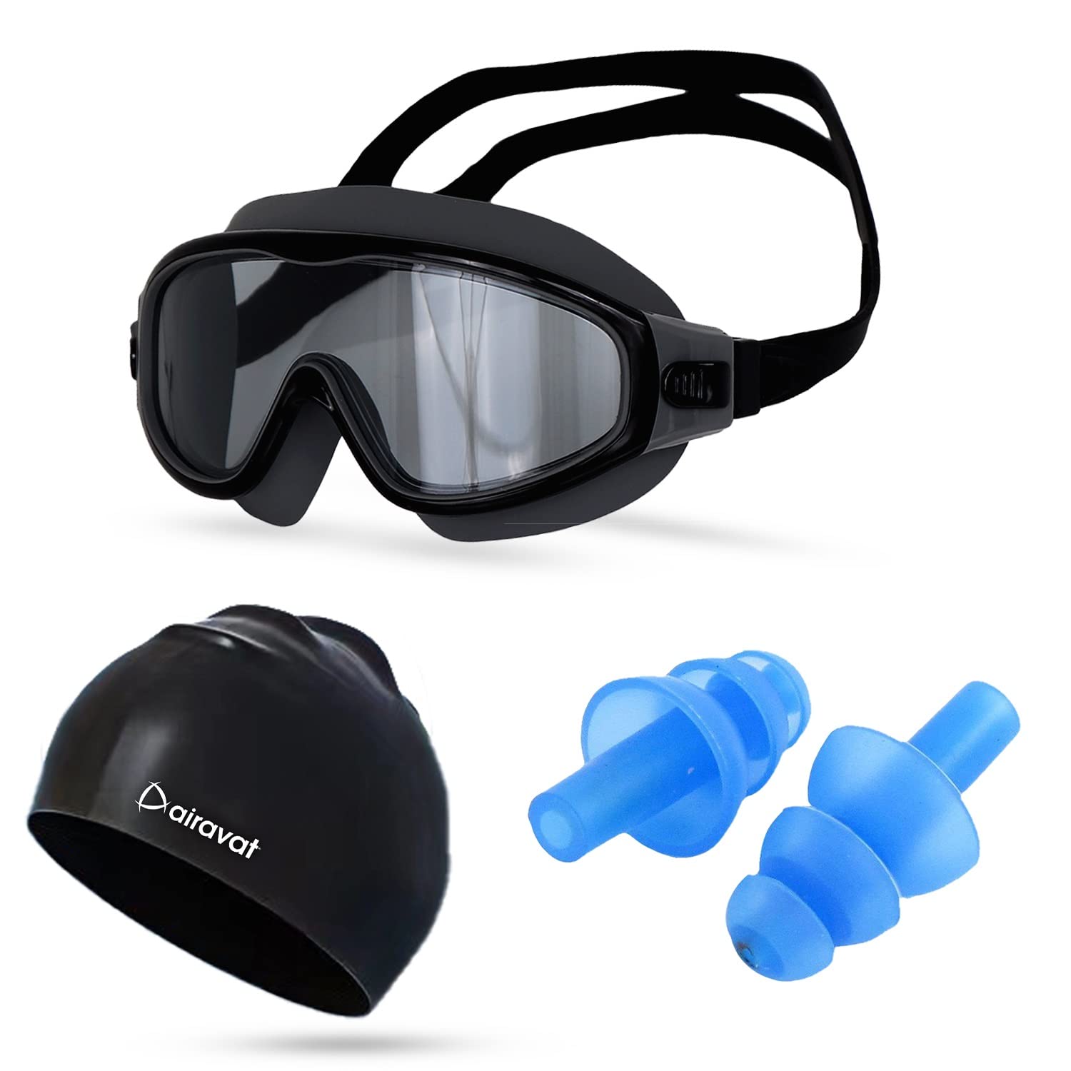 Airavat Swimming Kit, 0023 Swimming Set for Men & Women with Swimming Goggles Case, Swim Goggle, Earplugs & Swim Cap, Anti-Fog & UV Protected, High Elasticated with Silicone Material (Black) (B0BZLW469N) Amazon Price History, Amazon Price Tracker