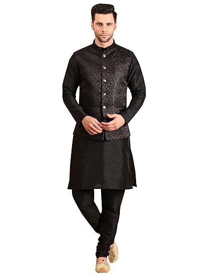 Men's Silk Blend Kurta Pajama with Designer Ethnic Nehru Jacket/Modi Jacket