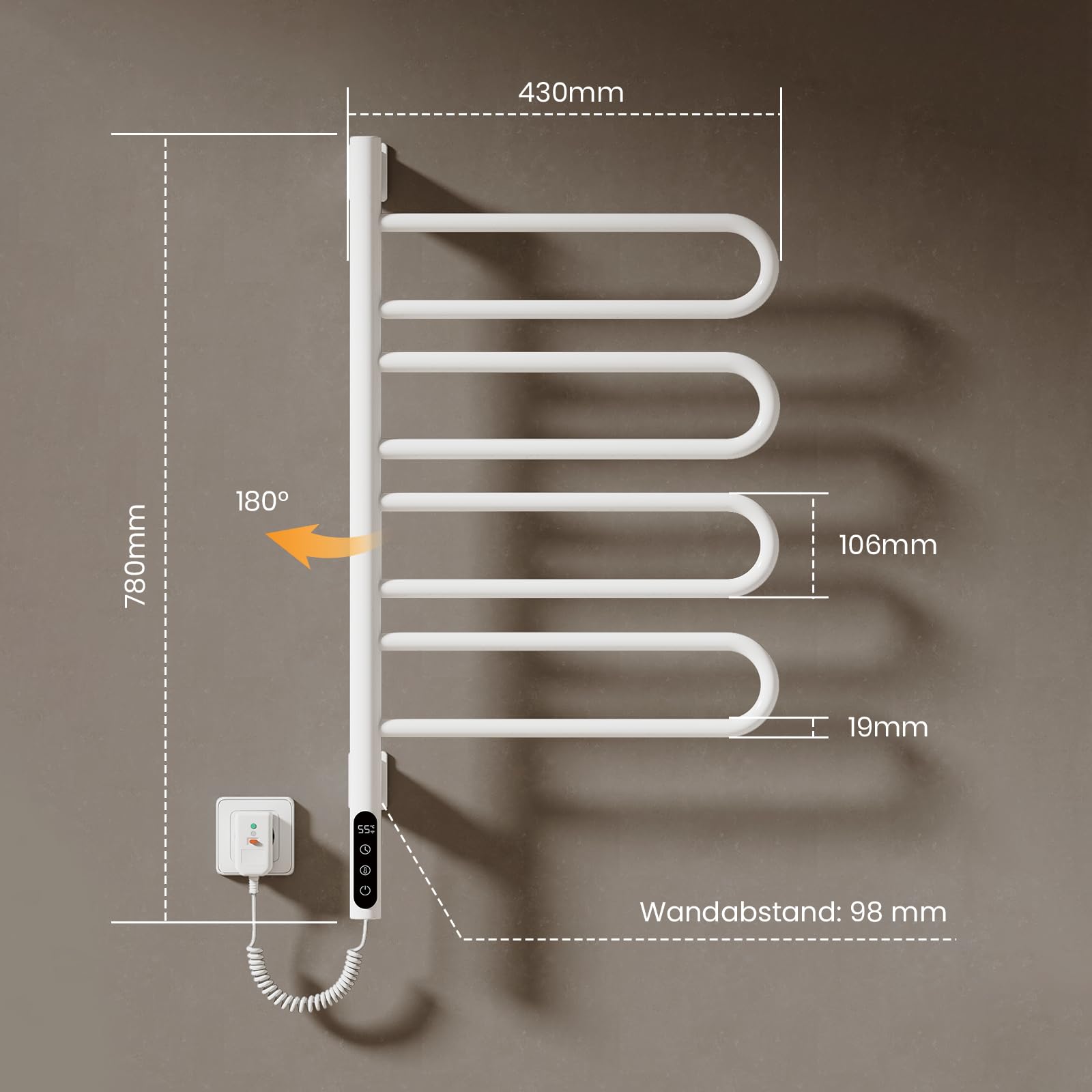 EMKE Radiador de Toallas Eléctrico 78 x 43 cm, Termostato Inteligente WiFi, Radiador Eléctrico para Baño, Calentador de Toallas Eléctrico, Blanco, 170W