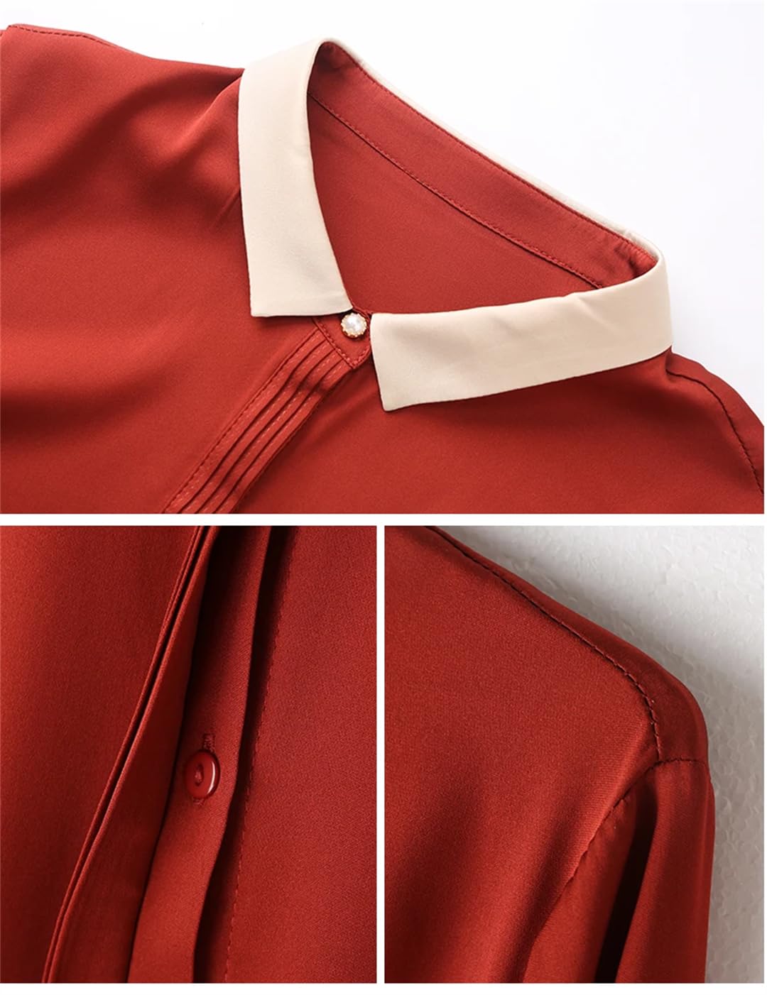 Camisas de manga larga con solapa de seda para mujer, ajustadas, holgadas, simples, lisas, para oficina, camisas casuales