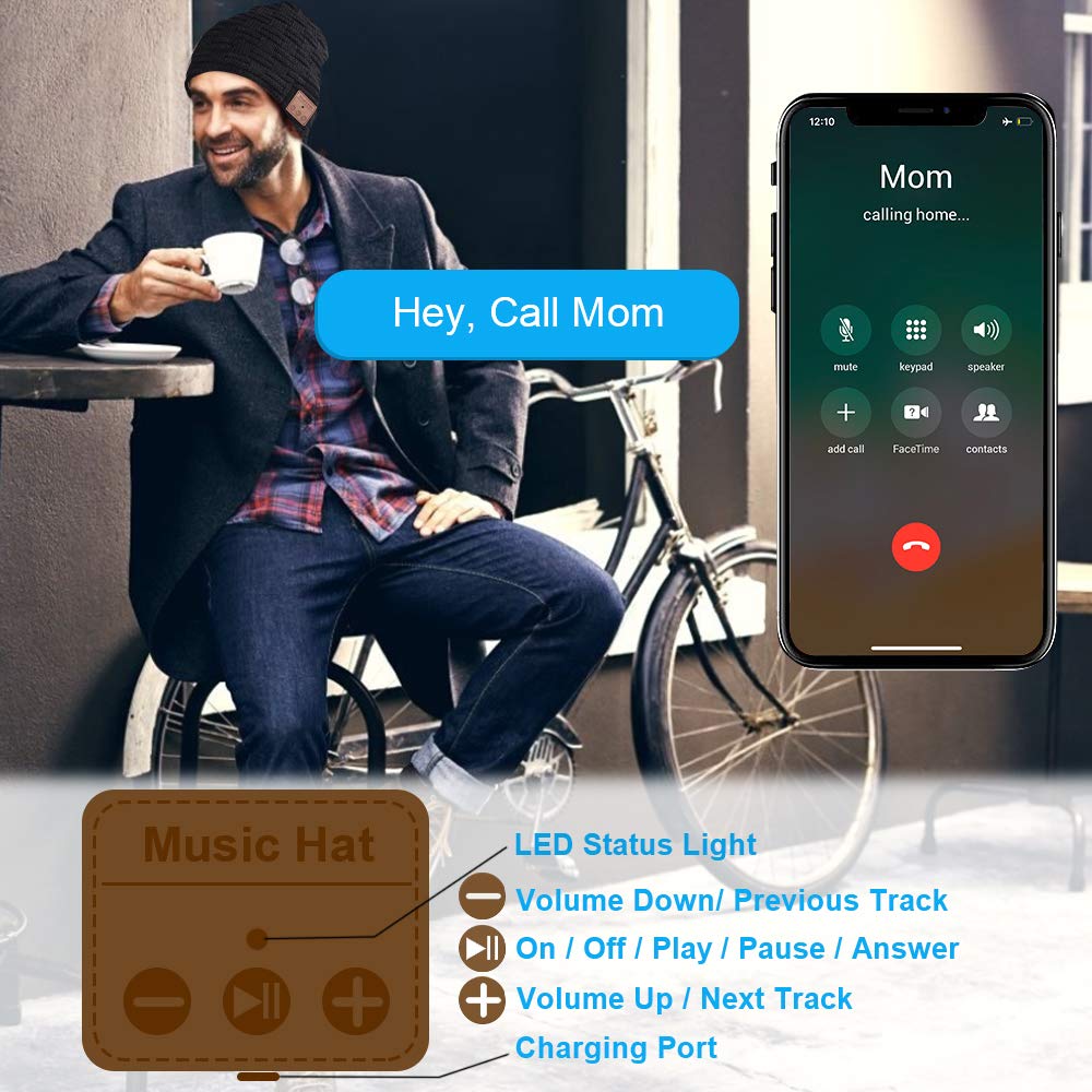 HANPURE Cappello Bluetooth 5.0 Regali Natale Donna - Musica Berretto Idee Regalo Uomo & Donna Economici, Cappello Bluetooth con Altoparlanti Stereo HD e Cuffie Wireless Regalo Natale,Nero,Taglia Unica