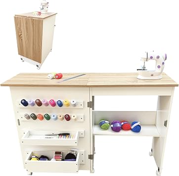 Folding Sewing Table, Multipurpose Craft Station & Side Desk with Compact Design, Sewing Machine Table with Wheels, Storage Shelves, Storage Trays, Wooden Pegs, Magnetic Doors