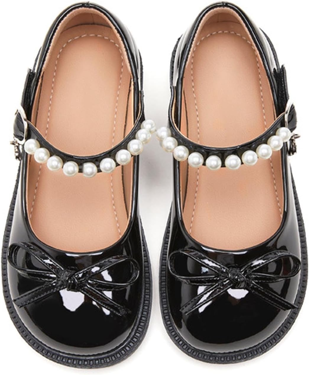 Girls Bow Mary Jane Dress Shoes Pearls Strap Shoes School Uniform Wedding Party Flats for Toddler/Little Kid/Big Kid