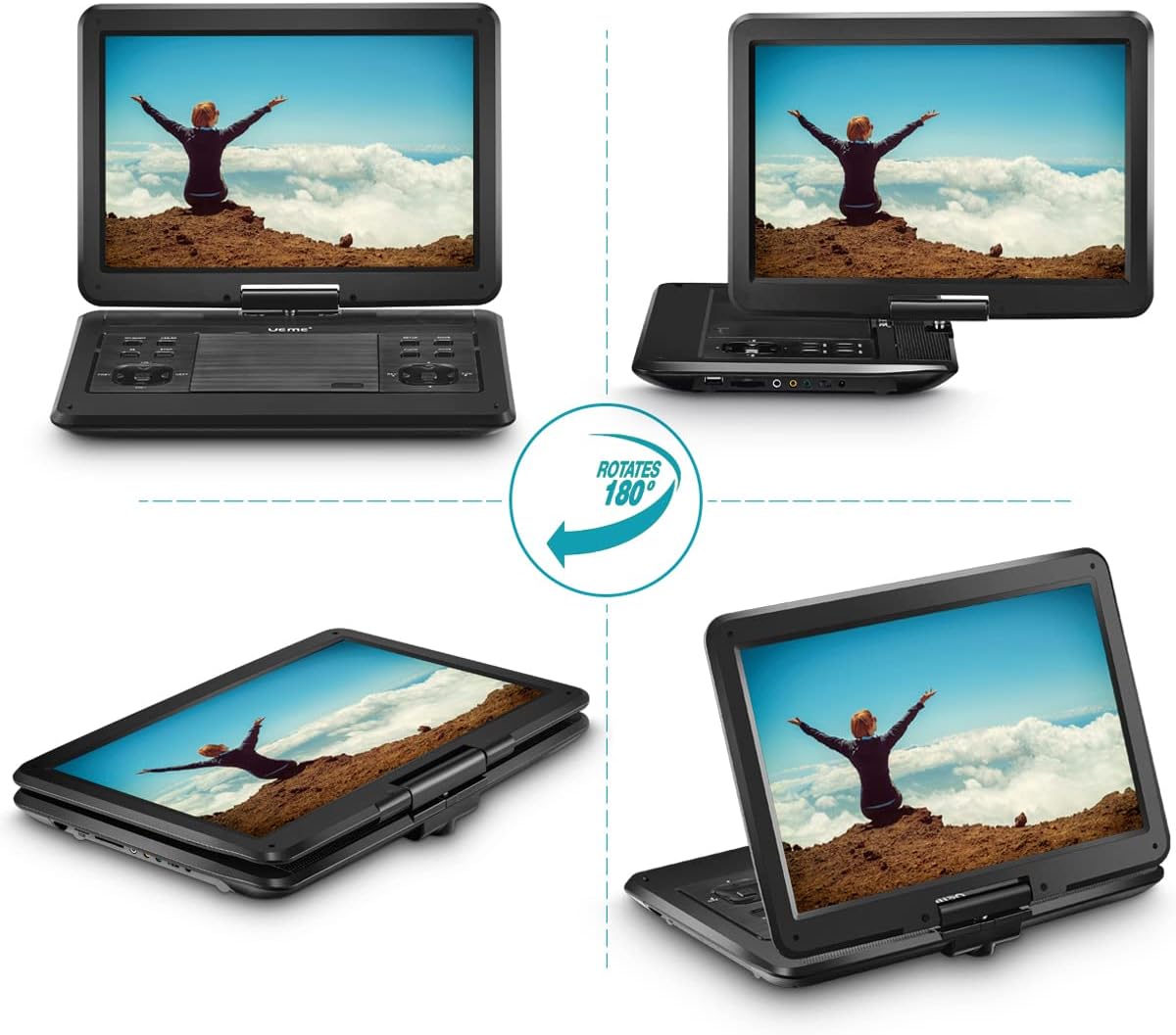 Portable DVD Player with 14.1" Swivel Screen Remote Control Rechargeable Battery Car Charger Wall Charger, Personal DVD Player(Black)