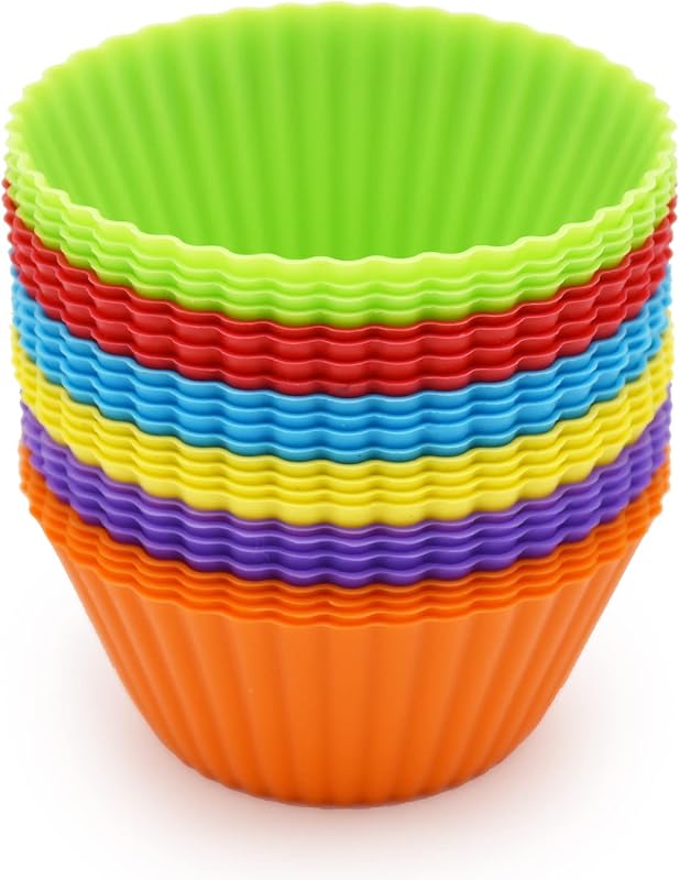 Tazas de silicona para hornear magdalenas, paquete de 24, reutilizables y antiadherentes, juego de soportes para moldes para magdalenas, para fiestas, Halloween, Navidad, moldes para magdalenas de repostería fáciles de limpiar (paquete de 24, multicolor)