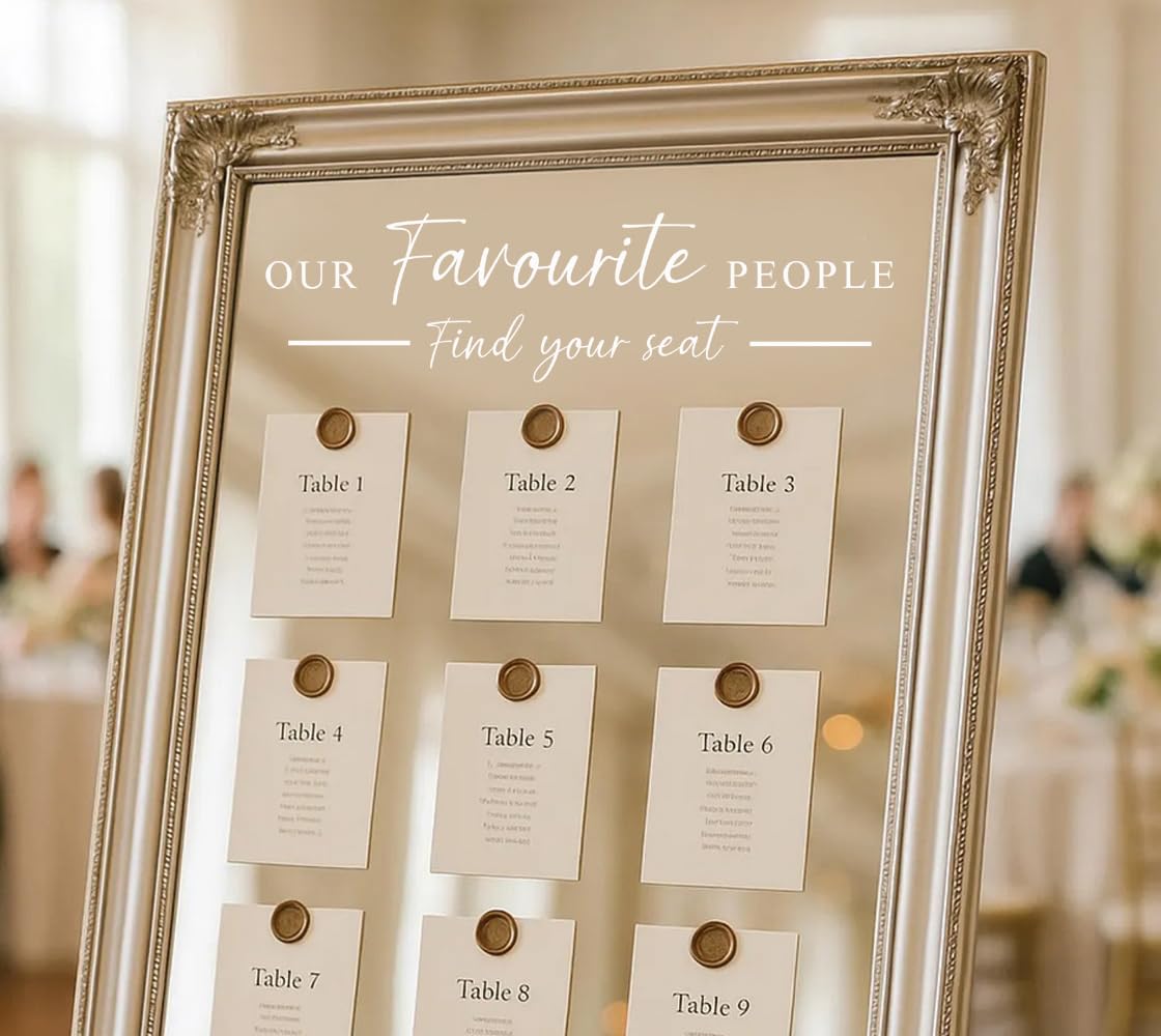 Wedding Seating Plan Stickers – “Find Your Seat” Decal Labels – Elegant Wedding Reception Seating Chart Stickers – Self-Adhesive Table Plan Labels for Signs, Mirrors & Boards (W30xH9cm)