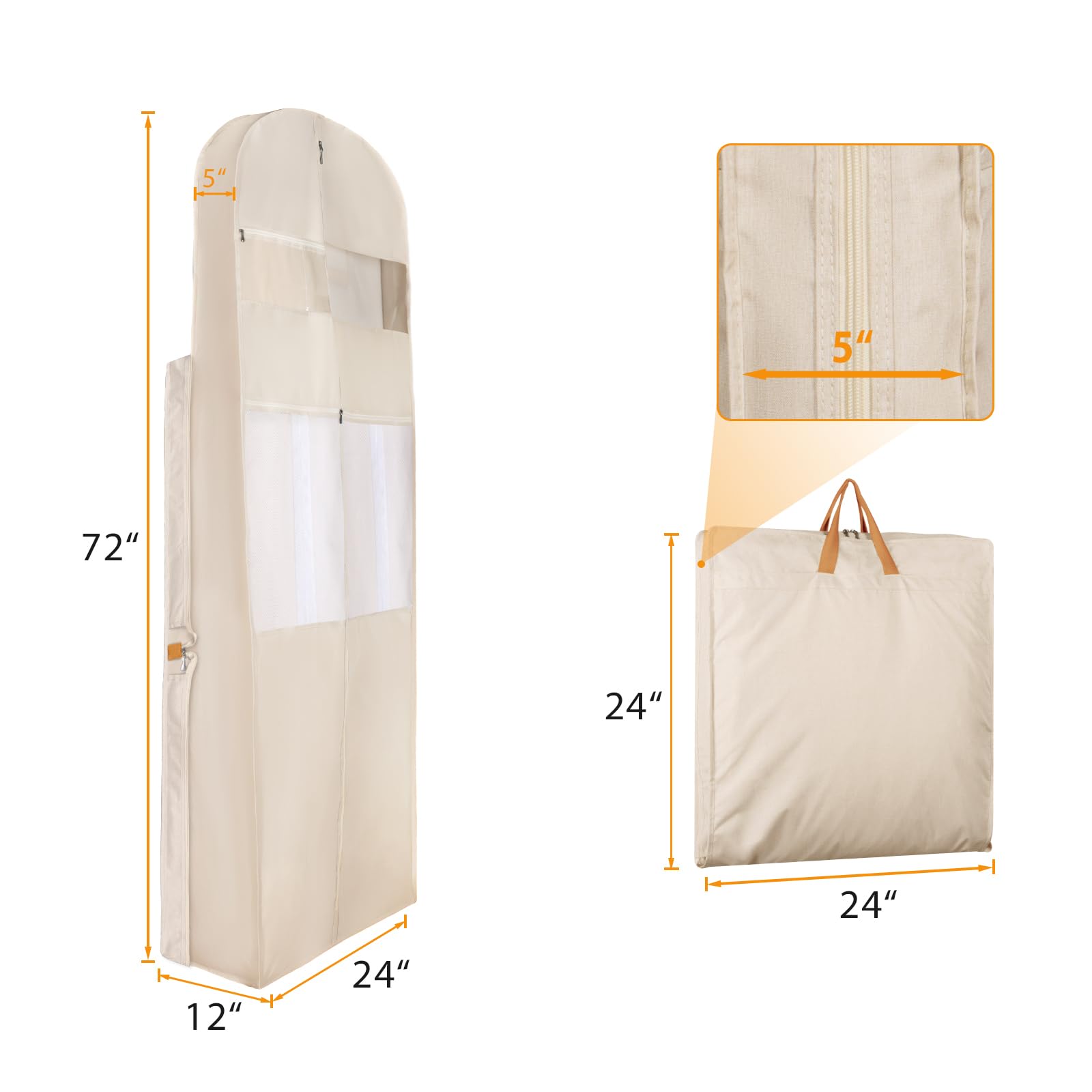 Amazon.com: Zilink 72" Wedding Dress Garment Bag Dress Bags for Gowns  Bridal Garment Bag for Long Dresses with 12Gusseted and Accessory Pockets  for Wedding Dress, Puffy Gowns [Upgraded Version], Beige : Clothing,