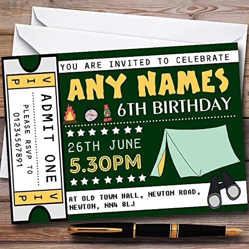 Green Camping Ticket Personalized Childrens Birthday Party Invitations