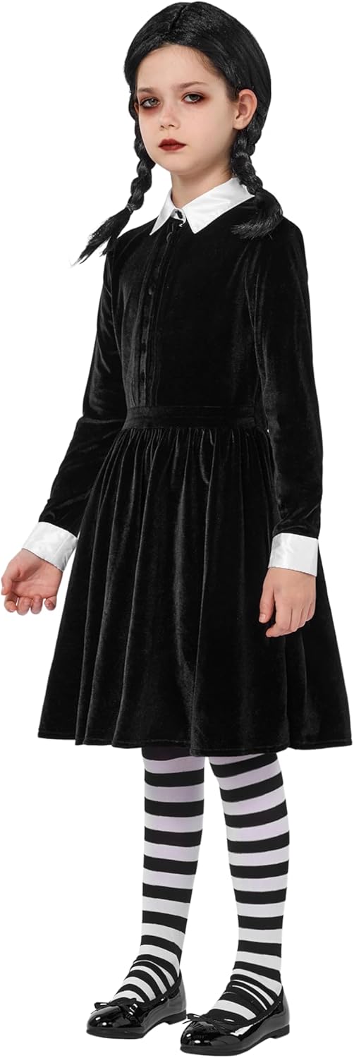 Spooktacular Creations Girls Collar Black Dress, School Girl Costume with Wig, Skater Dress for Toddler Halloween Cosplay - Image 3