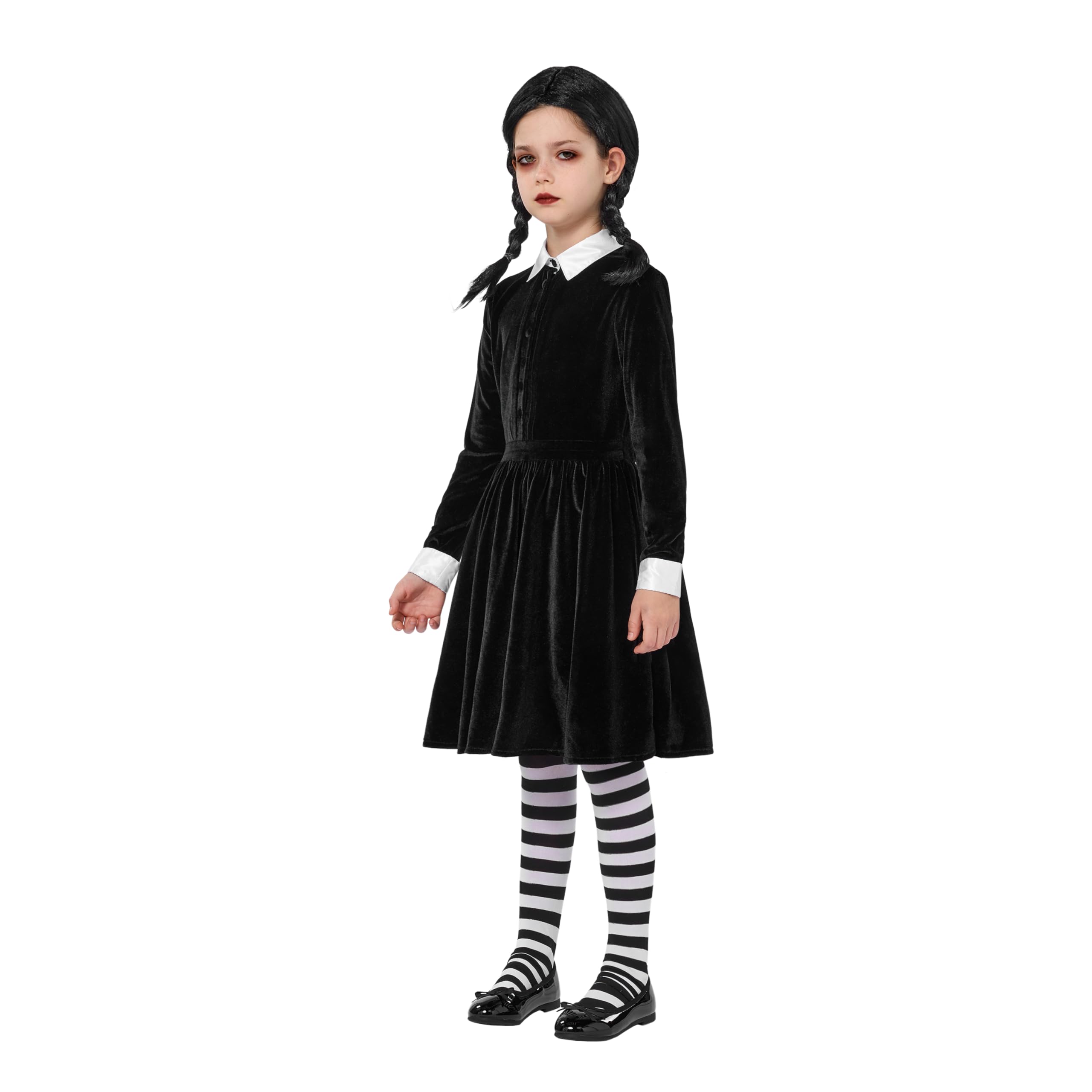 Spooktacular Creations Vestido Negro con Cuello para Niñas, Disfraz de Niña de Escuela de Manga Larga con Peluca, Vestido Skater de Terciopelo para Niños Pequeños en Halloween, Fiesta de Cosplay