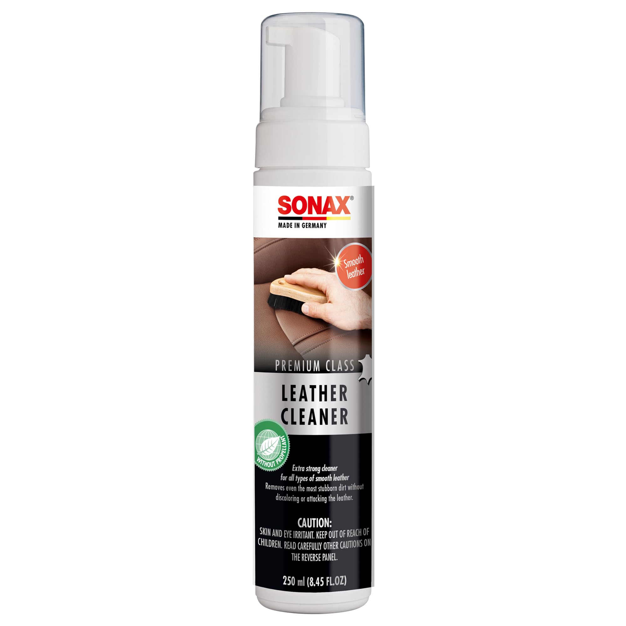 SONAX Premium Class Leather Cleaner | Powerful Foaming Formula for Deep Cleaning Smooth & Perforated Leather | Removes Stubborn Dirt, Stains & Blue Jean Transfer | Safe & Non-Drying | 281141 | 250ml
