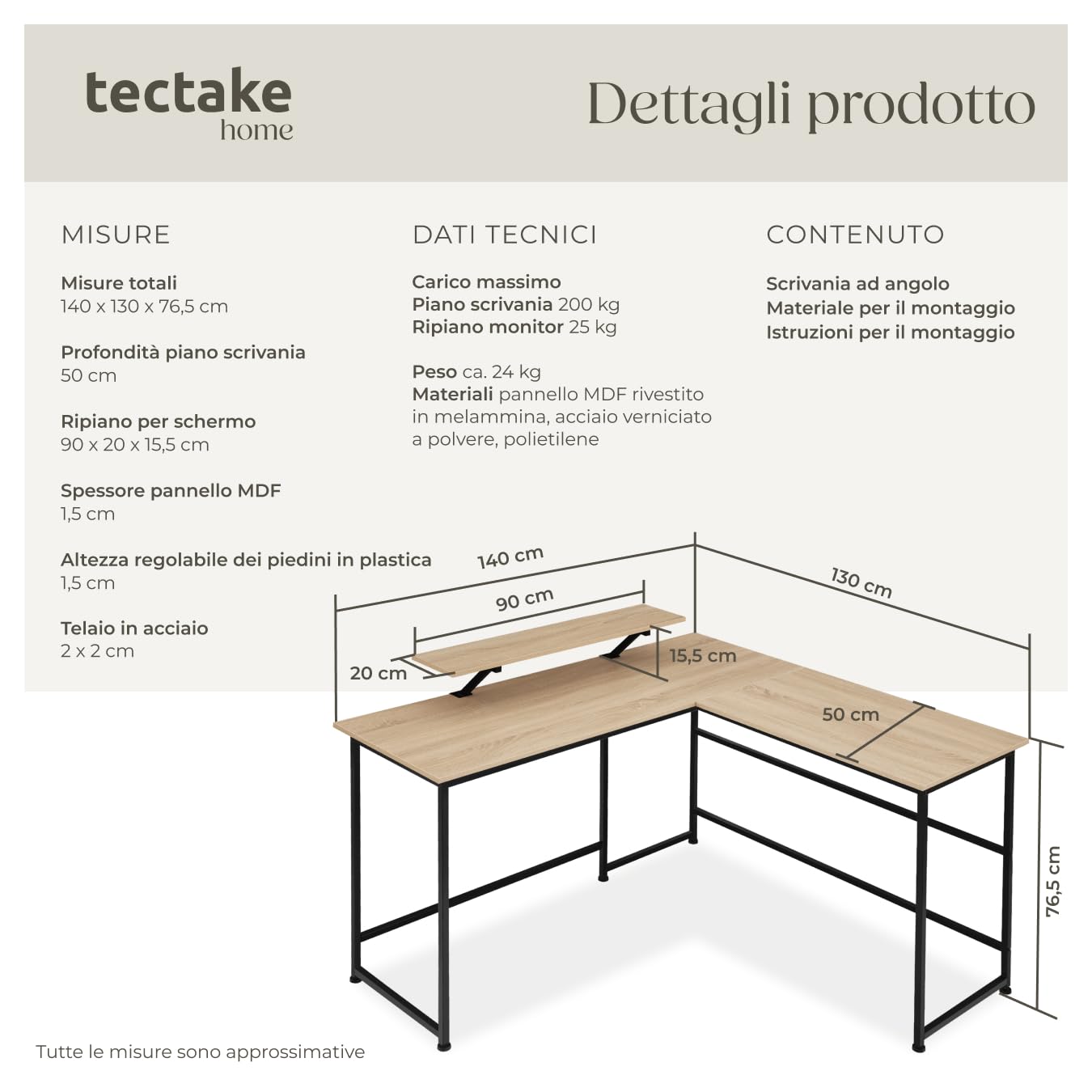 tectake® Scrivania angolare 140x130x76,5 cm, Scrivania Gaming Casa e Ufficio, Ideale Computer Portatile o Computer Fisso, Ripiano rialzato per Monitor, Scrivanie Stile Industriale - Legno Chiaro