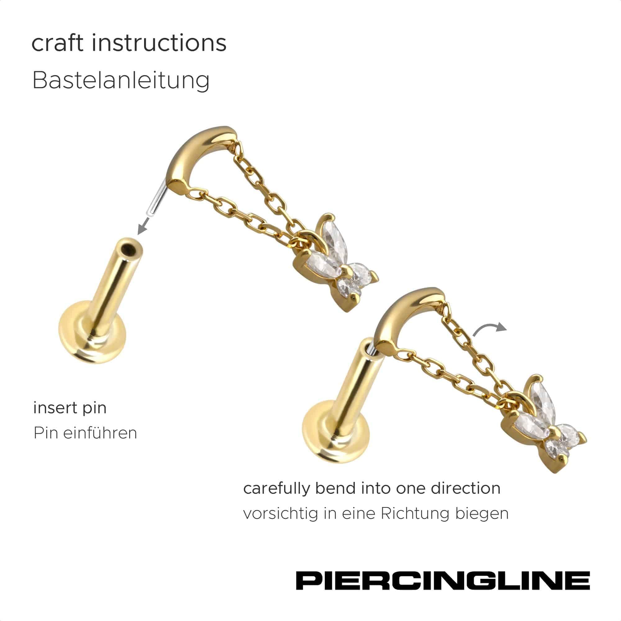 PIERCINGLINE Piercing Stecker 14 Gold Labret mit Push Fit MOISSANIT-SCHMETTERLING + BOGEN + KETTE 585er Gold - Roségoldfarben, Goldfarben, Silberfarben