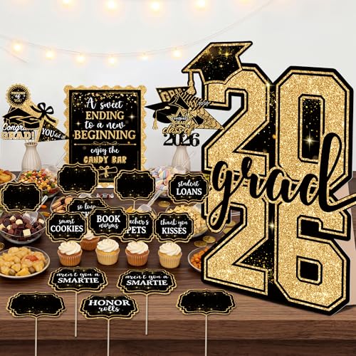 READIGO 2026 Graduation Candy Buffet Decorations Black Gold Graduation Candy Bar Signs and Food Labels Set with 2026 Cardstock Standee for Grad Party Dessert Table