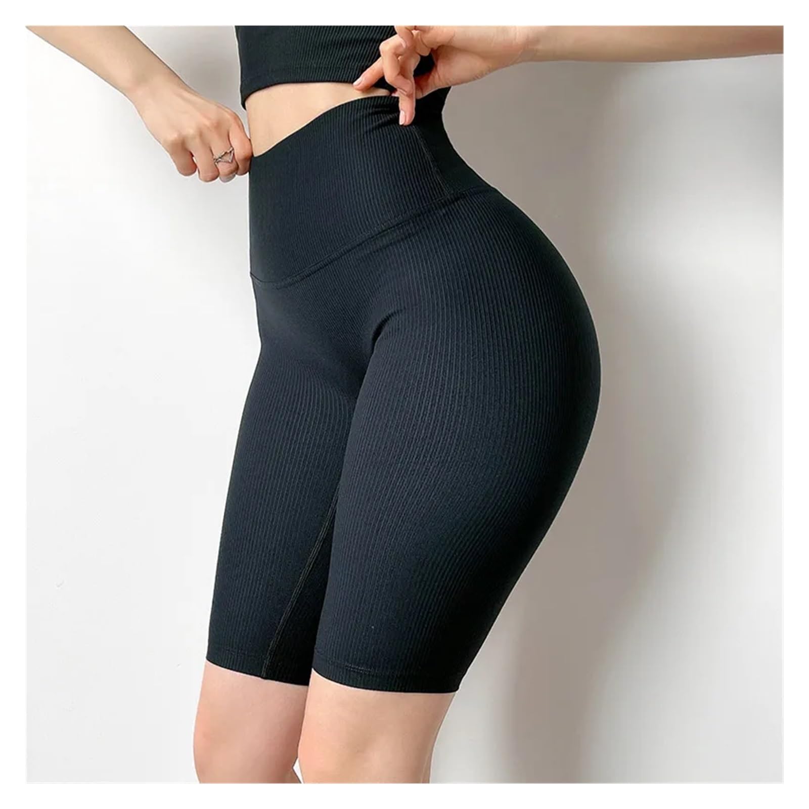 Yoga Pantalones Cortos Pantalones Cortos de Tejido Acanalado for Mujer, de Cintura Alta, for Ciclismo, Gimnasio, Correr, Yoga, Ajustados, con Rosca.(Black,S)