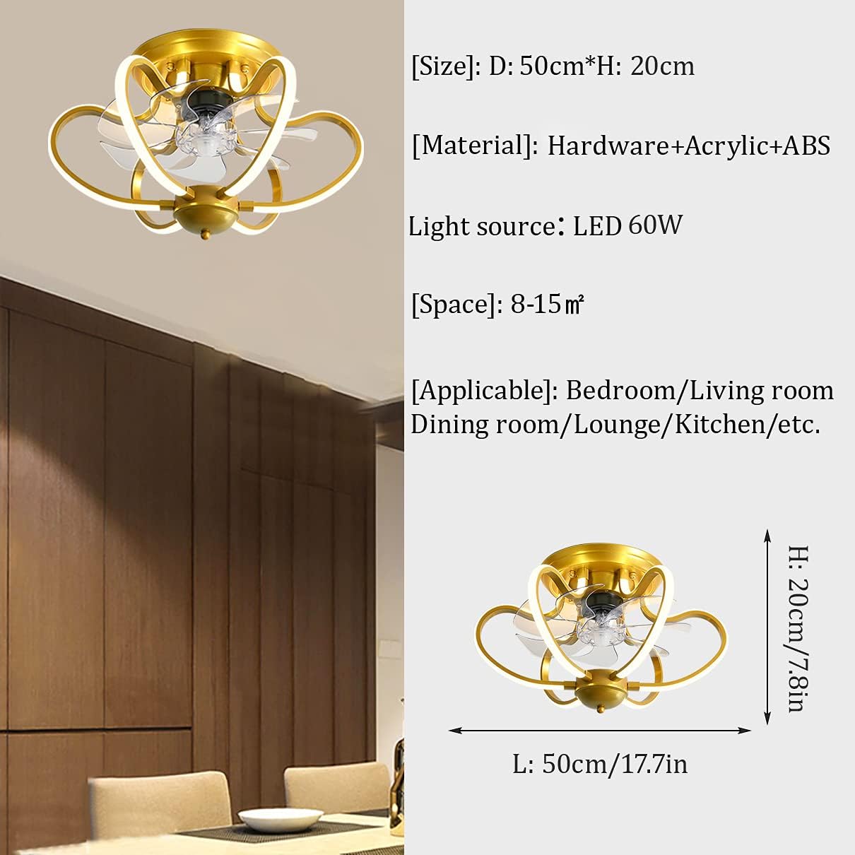 YUEGOO Bedroom Ceiling Fan with Light and Remote Control 3 Speeds Dimmable Led Fan Ceiling Light Modern Living Room Quiet Ceiling Fan Light 60W