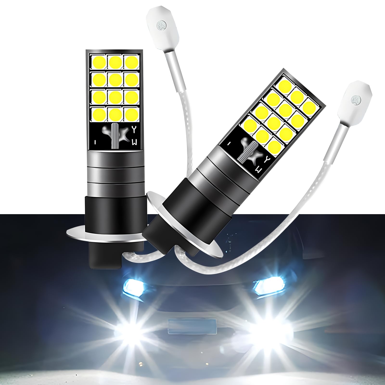 Pack-2 Car H3 LED Fog Light, 3030-24SMD One-piece Ultra-bright Anti-fog Bulb, Heat Dissipation Plug-and-play Waterproof Bulb Replacement, Universal Front Lighting Bulb for Cars (White)