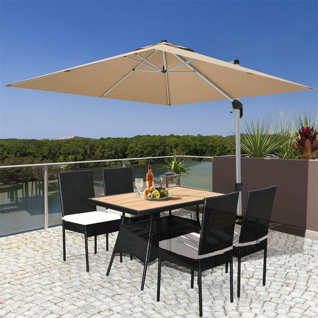 5 Pack Terrace Rattan Dining Table with Wood Top Upholstered Seat Garden Patio Furniture Set (D As Shown)