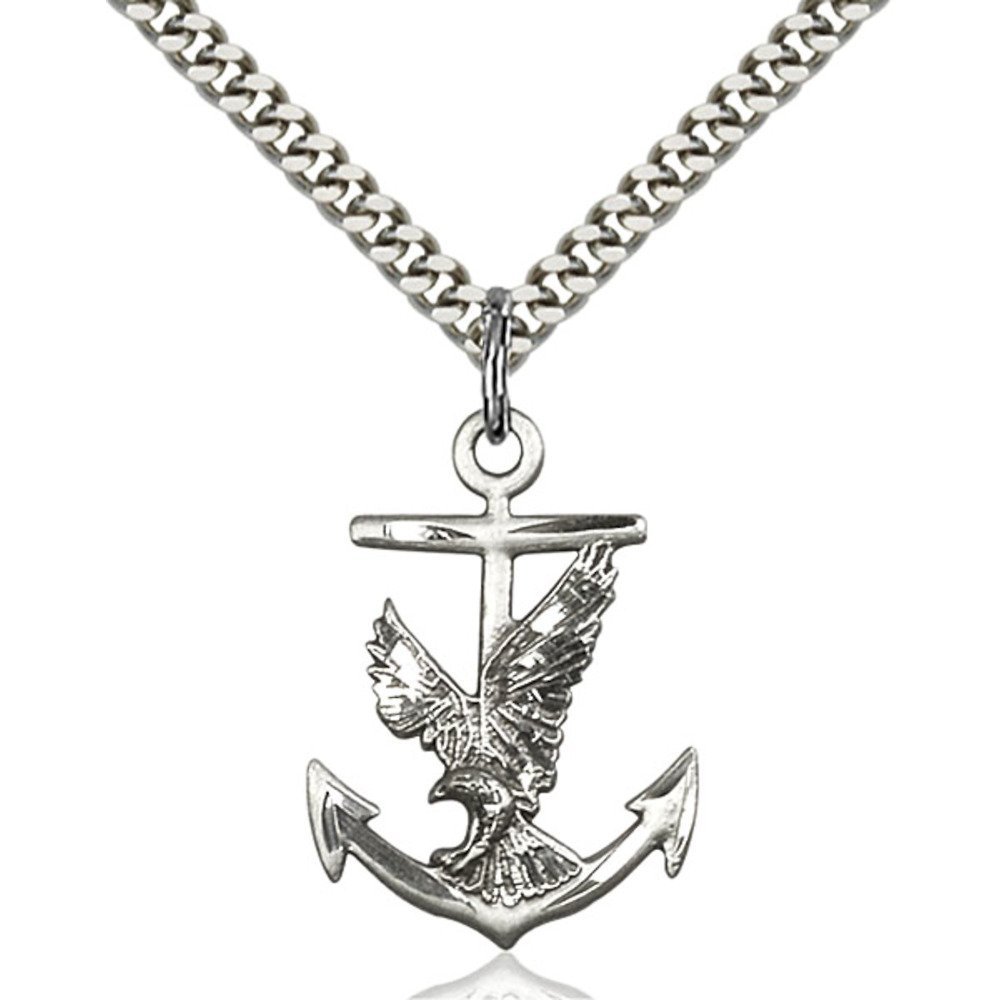 Bonyak Jewelry Saint Medal Collection Sterling Silver Anchor/Eagle Pendant 1 x 5/8 inches with Heavy Curb Chain