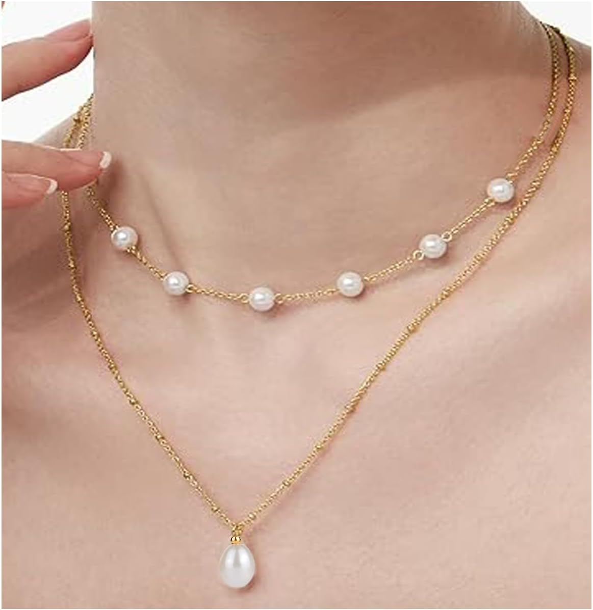 Pearl Necklaces for Women 18K Gold Plated Dainty Layered Pearl Necklace Simple Baroque Pearls Choker Cute Gold Necklace Stack Jewelry Sets for Women Trendy Gifts - Image 2