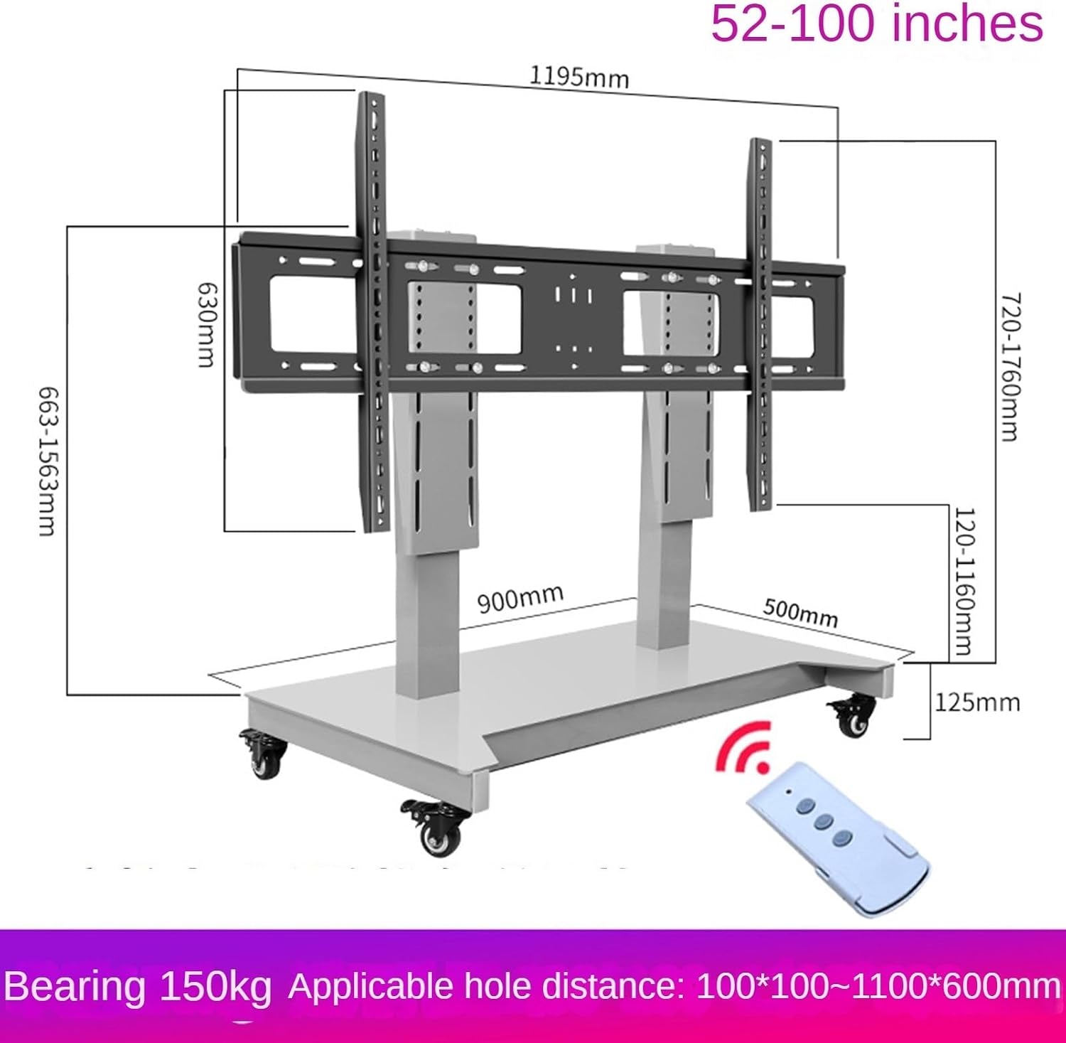 Motorized TV Mount - Mobile TV Cart On Wheels - Motorized TV Lift Mobile TV Stand Cart with Height Adjustable 4 Step Height Memory Function Motorized TV Lift,Grey
