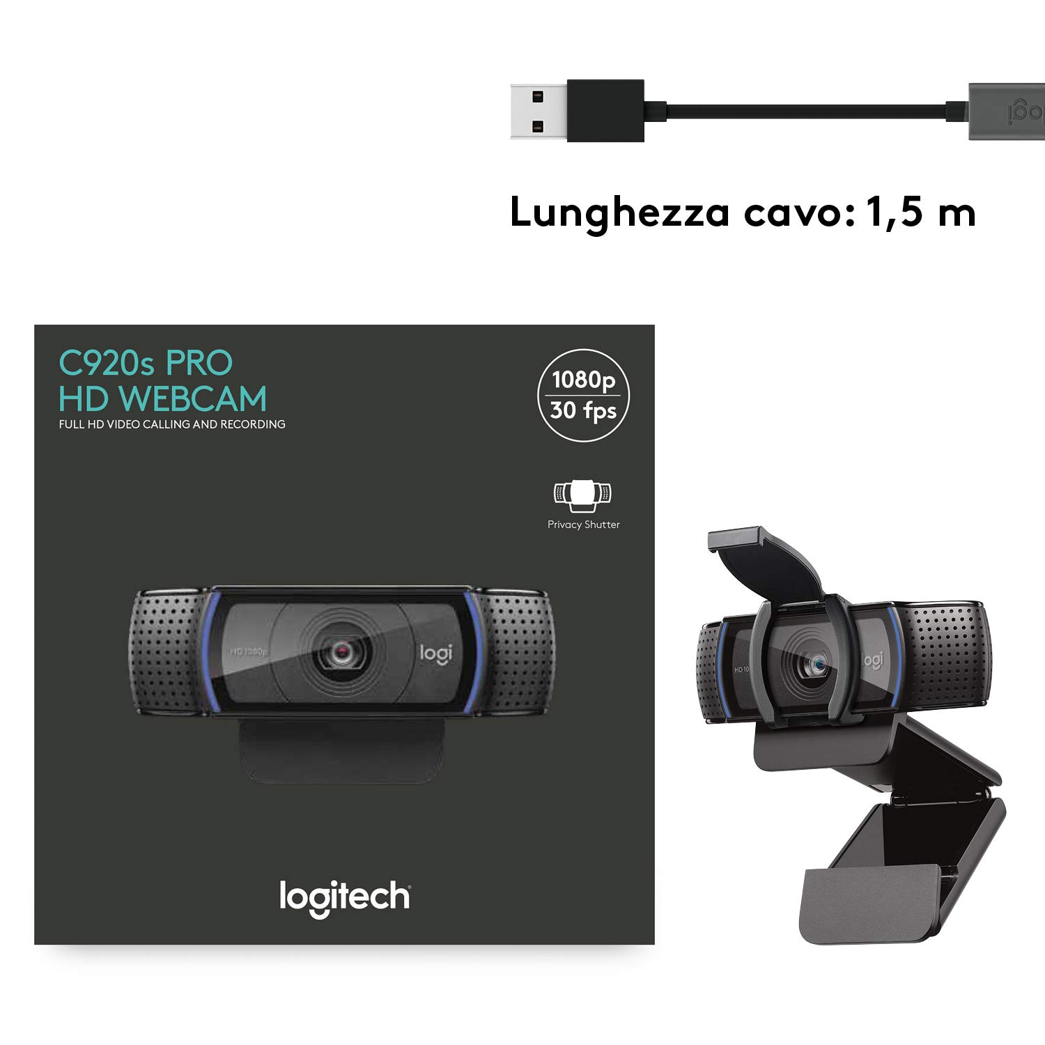 Logitech C920S HD Pro Webcam, Videochiamata Full HD 1080p/30fps, Audio Stereo ‎Chiaro, ‎Correzione Luce HD, Privacy Shutter, Streaming, Per Skype, Zoom, FaceTime, ‎‎PC/Mac/Laptop/Tablet/XBox‎, Nero