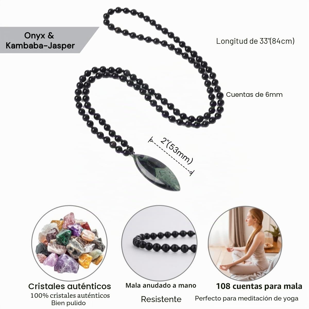 COAI Collar Mala 108 Cuentas de Piedras Naturales Anudadas a Mano con Colgante de Hoja Unisex