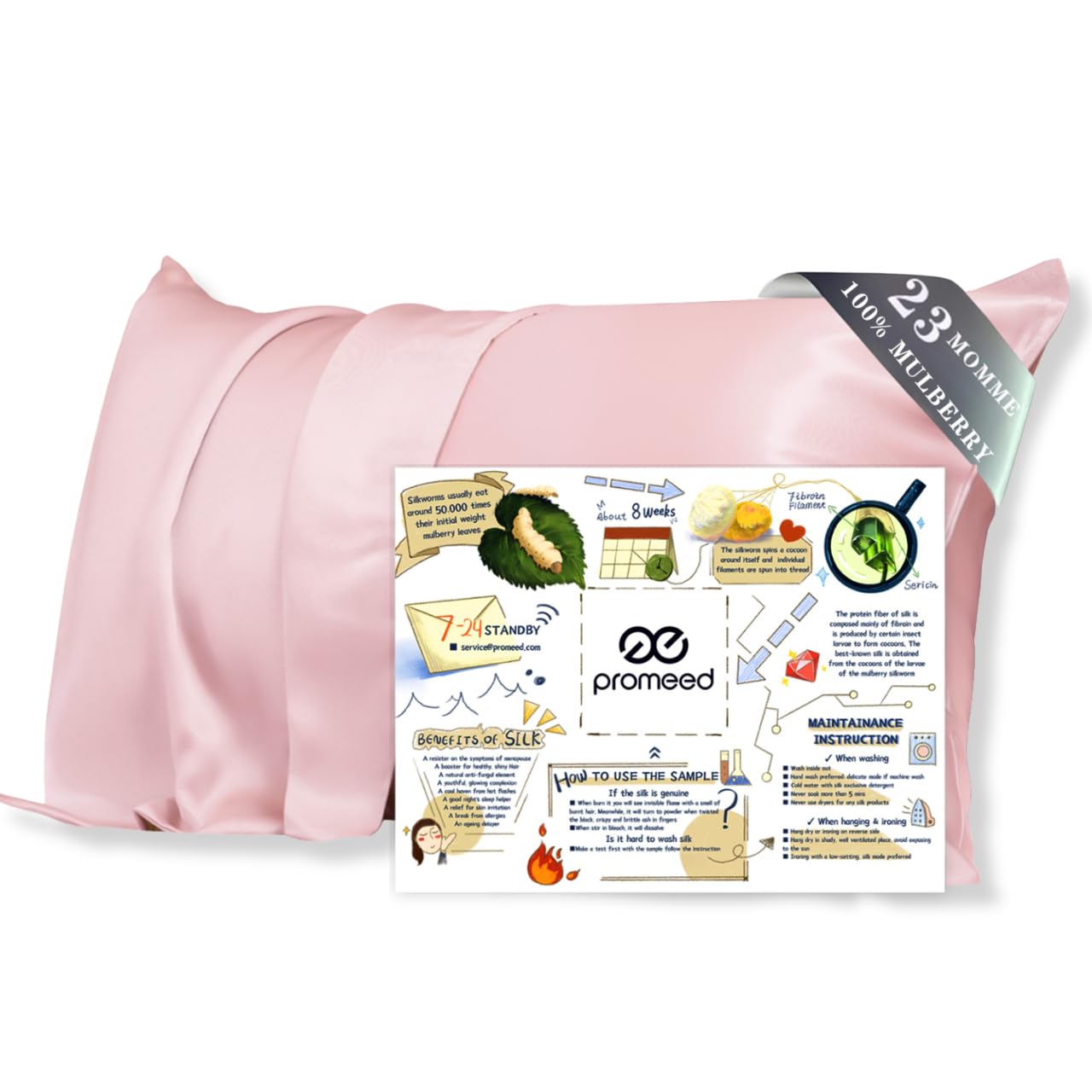 PROMEED Funda de almohada de seda rosa de grado 6A+ de 23 momme con cremallera, seda de morera de alta calidad para cabello de mujer, seda natural antiacné (King, 51 x 91 cm, rosa)