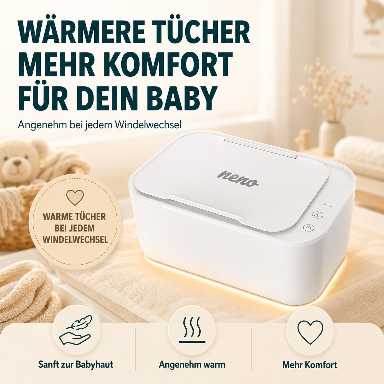 NENO Calor - Feuchttücher Baby Box Wärmer - Beheizte Feuchttücherbox - Feuchte Tücher 3 Heizstufen - Babytücher mit Warmerhaltung und Feuchtigkeit - Einfache Bedienung - Blitzschnelles Aufheizen