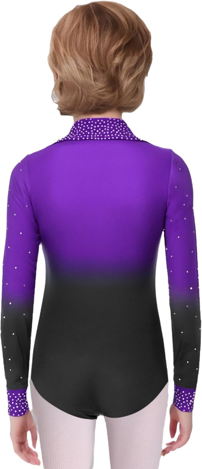 Freebily Kids Boys Jazz Latin Dance Outfit Rhinestone Gradient Leotard with Bell Bottom Pants Skating Clothes Set Purple 14 Years